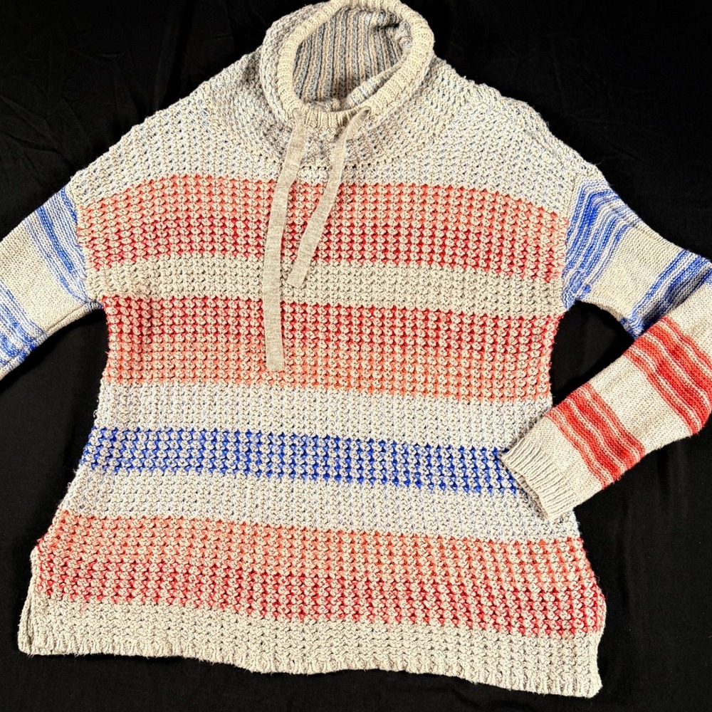 American Eagle Striped Chunky Knit Hoodie Coastal Grandma Boho Summer Sweater M